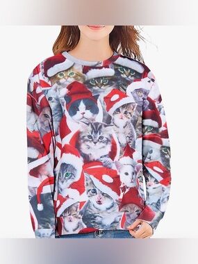 New-XXL Red Cats Long Sleeve Crewneck Pullover Funny Novelty Graphic Top